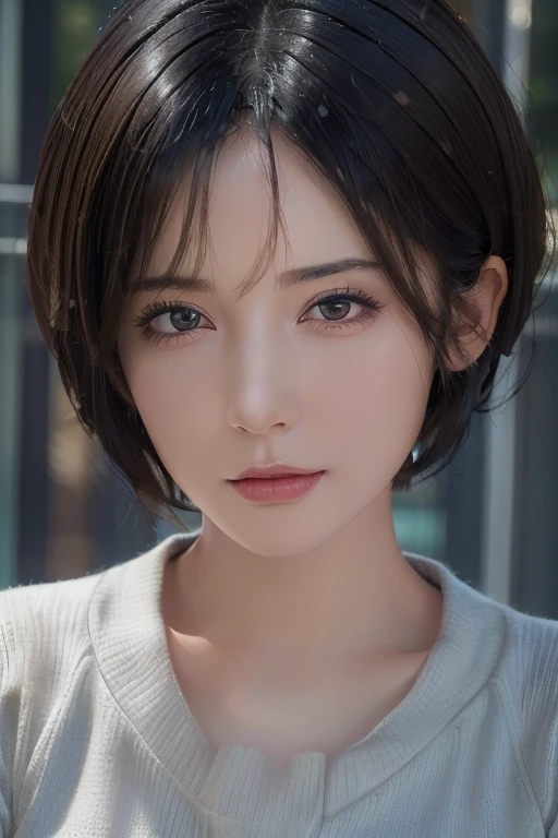 (masterpiece:1.3), (8k, photorealistic, RAW photo, best quality: 1.4), (1girl), beautiful face, (realistic face), (black hair, short hair:1.3), beautiful hairstyle, realistic eyes, beautiful detailed eyes, (realistic skin), beautiful skin, (sweater), absurdres, attractive, ultra high res, ultra realistic, highly detailed, golden ratio
