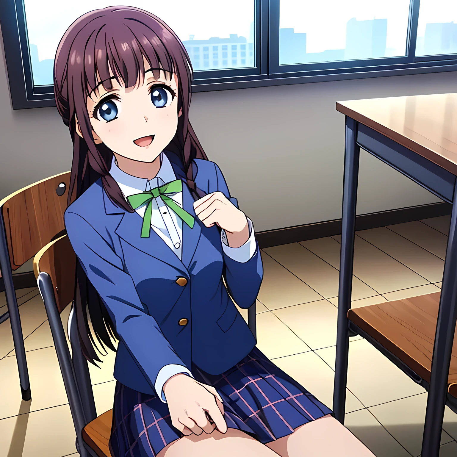 (highest quality, masterpiece:1.2), highest quality, High resolution, 1080p, 8K, Height: 158cm, Anime-style CG, ((A beautiful girl game heroine sits on a chair in a school classroom and places her hands on the desk、Looking up at the viewer next to him with a smile)), A face that everyone loves, Glossy lips, Even bangs, Double, Long eyelashes on both the top and bottom, Smiling blue eyes, The very large red shiny wide ribbon bowtie is very cute., ((Black Hair)), ((long twin braids)), (((A long, neat, checkered pleated skirt with dark navy blue checks.))), (((Dark blue winter long sleeve blazer))), How to wear a neat uniform, Smiling, slightly open mouth like a game heroine, Ribbon in hair, Tight waist, The ribbon is big and very pretty., Side shot of the girl sitting next to me