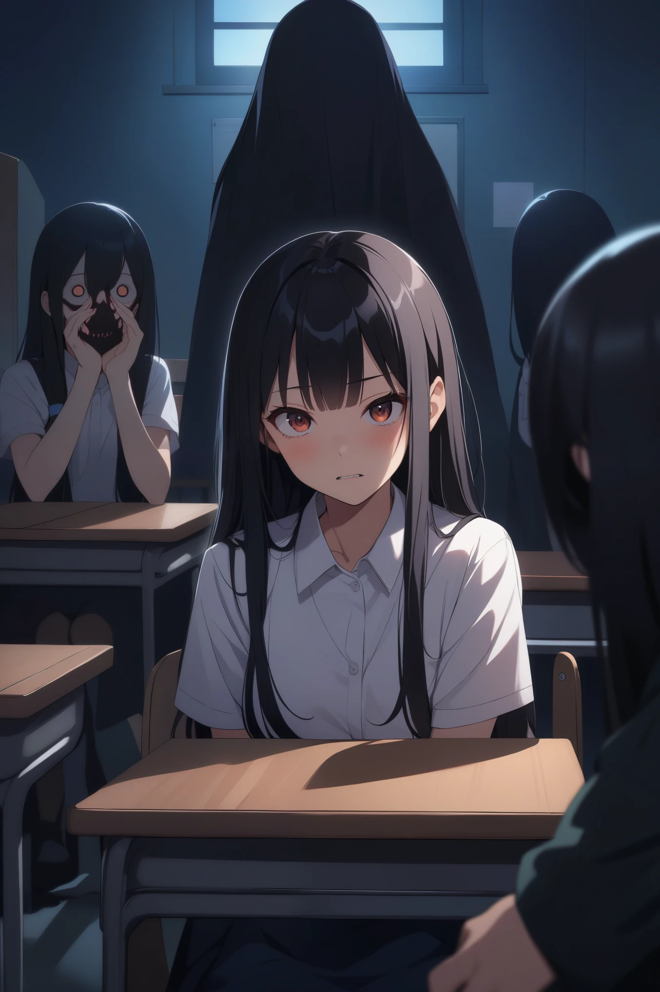 Long black hair anime girl, Scary classroom late at night、A scary black figure behind me