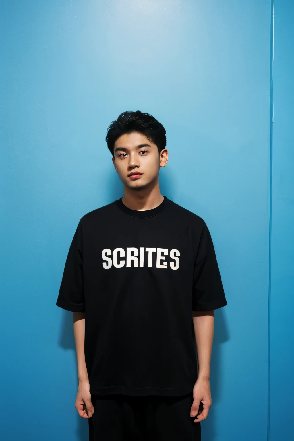 a BOY HANDSOME wearing a black shirt with a blue logo on it, official product image, official product photo, 2 techwear MAN, trending on r/streetwear, cybertech wear, trending on r/techwearclothing, wearing cyberpunk streetwear, HE is wearing streetwear, wearing space techwear, casual black clothing, official, black t shirt, MAN in streetwear