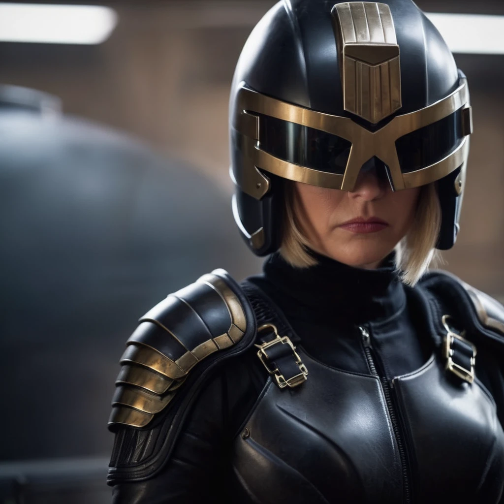 cinematic film still of  Judge anderson a woman in a black leather armor with a helmet on, shallow depth of field, vignette, highly detailed, high budget, bokeh, cinemascope, moody, epic, gorgeous, film grain, grainy