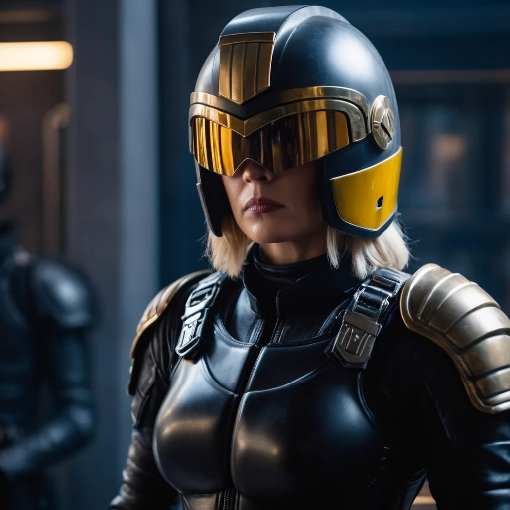 cinematic film still of  Judge anderson a woman in a black leather armor with a helmet on, shallow depth of field, vignette, highly detailed, high budget, bokeh, cinemascope, moody, epic, gorgeous, film grain, grainy