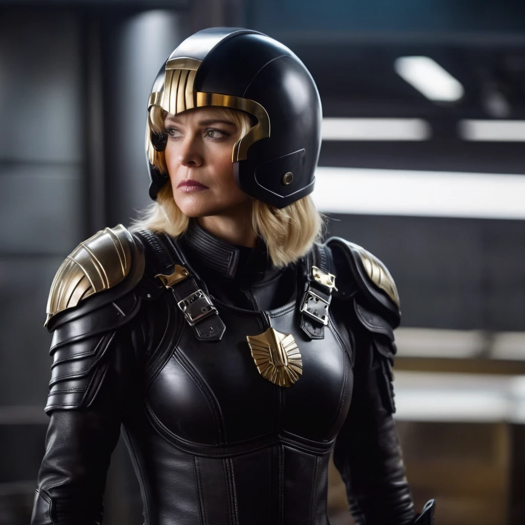 cinematic film still of  Judge anderson a woman in a black leather armor with a helmet on, shallow depth of field, vignette, highly detailed, high budget, bokeh, cinemascope, moody, epic, gorgeous, film grain, grainy