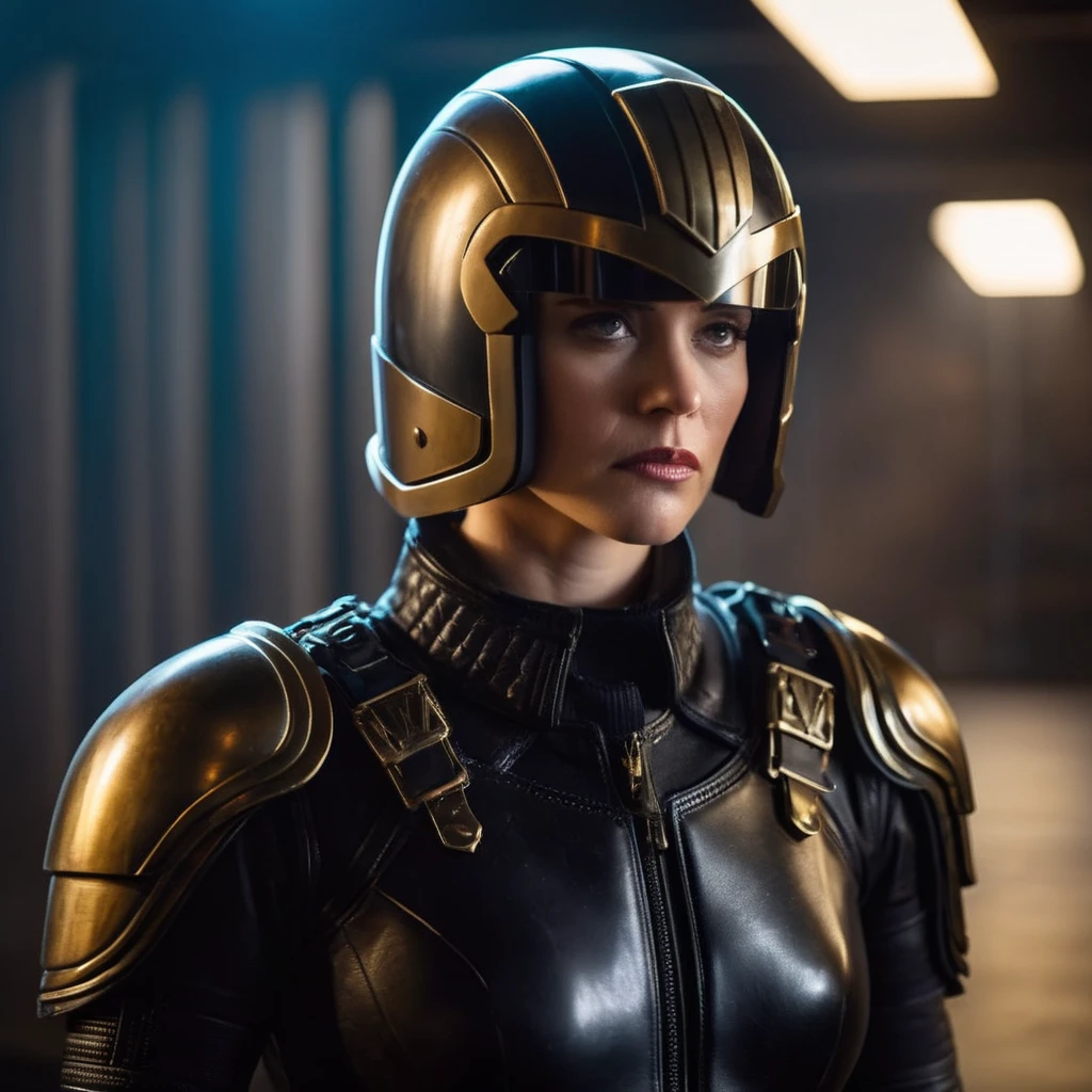 cinematic film still of  Judge anderson a woman in a black leather armor with a helmet on, shallow depth of field, vignette, highly detailed, high budget, bokeh, cinemascope, moody, epic, gorgeous, film grain, grainy