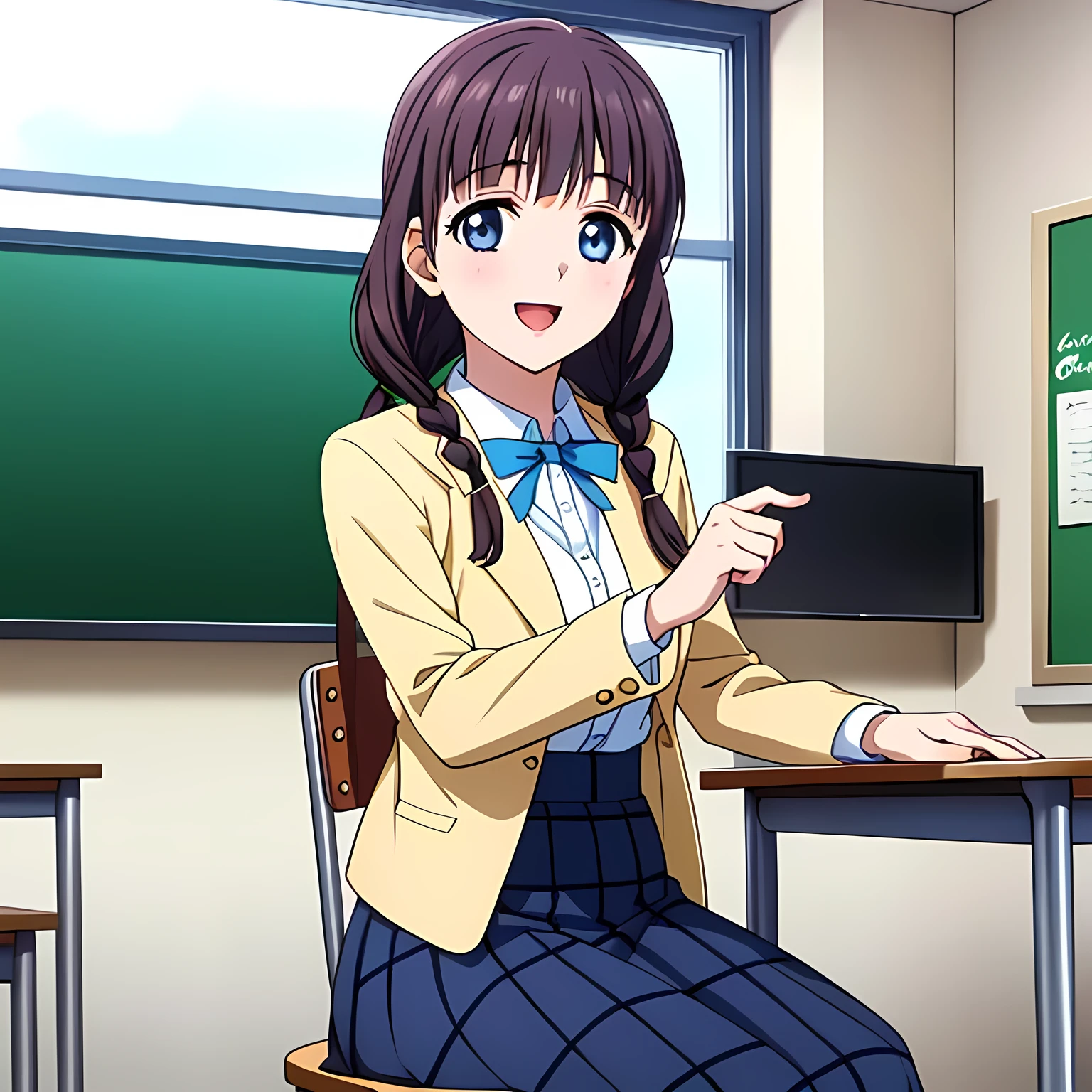 (highest quality, masterpiece:1.2), highest quality, High resolution, 1080p, 8K, Height: 158cm, Anime-style CG, ((A beautiful girl game heroine sits on a chair in a school classroom and places her hands on the desk、Looking up at the viewer next to him with a smile)), A face that everyone loves, Glossy lips, Even bangs, Double, Long eyelashes on both the top and bottom, Smiling blue eyes, The very large red shiny wide ribbon bowtie is very cute., ((Black Hair)), ((long twin braids)), (((A long, neat, checkered pleated skirt with dark navy blue checks.))), (((Dark blue winter long sleeve blazer))), How to wear a neat uniform, Smiling, slightly open mouth like a game heroine, Ribbon in hair, Tight waist, The ribbon is big and very pretty., Side shot of the girl sitting next to me