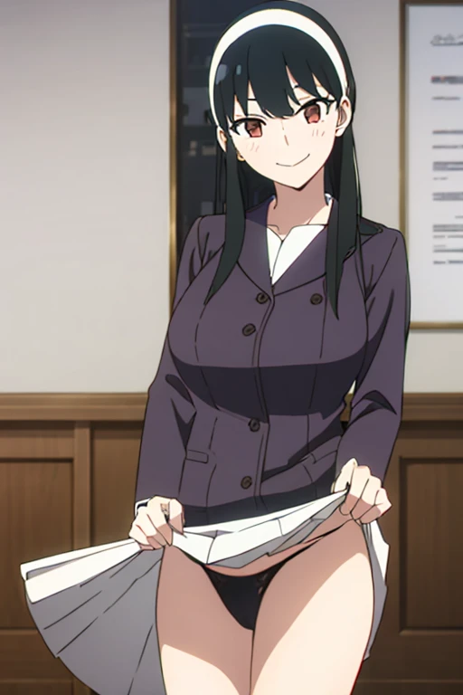 (masterpiece, highest quality: 1.2), alone, 1 girl, alone, panties,,black,Sailor suit,blazer,your heather, smile, Mouth closed, View your audience, Long black hair, head band, Earrings, Big Breasts, Medium Waist, Medium Hips, wide thighs, Embarrassing, charm, smiling with her Mouth closed, Good move..., Excellent anatomy,panties,classroom,,Sailor suit,blazer,skirt, (((skirtめくり, I can see your pants))),