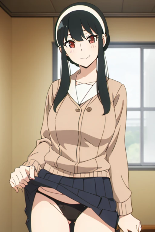 (masterpiece, highest quality: 1.2), alone, 1 girl, alone, panties,,black,Sailor suit,blazer,your heather, smile, Mouth closed, View your audience, Long black hair, head band, Earrings, Big Breasts, Medium Waist, Medium Hips, wide thighs, Embarrassing, charm, smiling with her Mouth closed, Good move..., Excellent anatomy,panties,classroom,,Sailor suit,blazer,skirt, (((skirtめくり, I can see your pants))),