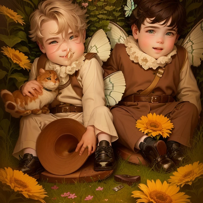 there are two  sitting on a chair with shoes on, bowater charlie and brom gerald, cute boys, with a twin, they are very serious, twins, they are siblings, two handsome men, they are crouching, human babies, both smiling for the camera, riyahd cassiem, sweet looks, cute photo, conjoined twins garden with flowers, butterflies, and a nice paidaje