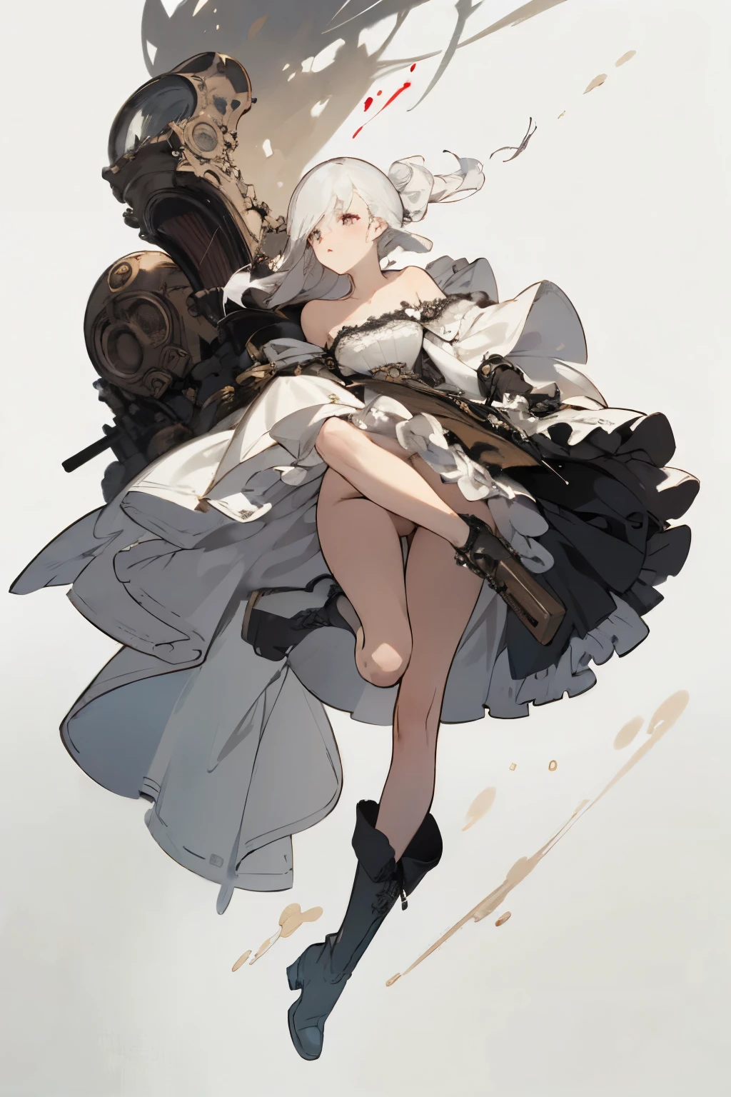 ((best quality)), ((masterpiece)), (detailed), 1girl, off-shoulder, blank white background, plain background, white background, red and white clothing, Bloodborne aesthetic, Bloodborne inspired, occult aesthetic, occult, detailed and intricate steampunk and detailed gothic, NSFW, Very dramatic and cinematic lighting, cosmic horror, grim-dark, side-lighting, perfect face, NSFW, Fluttering lace flared long knee length dress with frilly petticoats, knee length dress, pleated petticoats, petticoats gothic, complex lace boots, side-lighting, gothic aesthetic, wielding a mighty sword with mechanical components, carbine, NSFW, beautiful small breasts, small breasts, full body, whole body, body, plain background, white background, blank background, no background, white background NSFW, full body, whole body, head-to-toe NSFW,