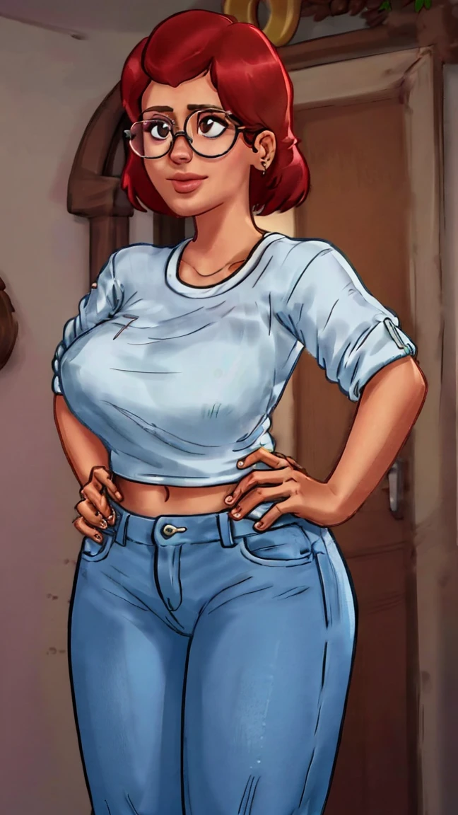 (melhor qualidade:1.4),(pele brilhante), foco corporal, (rosto fofo), (((melhor qualidade))), illustration, ((lindo Finger)), , lindo body, Design de personagem Lindo, ,lighting perfeita, Colorida, brilhante_frente_face_lighting, ultra high resolution, high resolution, absurdos:1.2, Bokeh:1.2, Reflexo de lente, (vibrante_Cor:1.2), (lindo, seios grandes:1.4), Meilin Lee quando adulta, 30 anos de idade, Jeans apertado,
Cabelo laranja-avermelhado, grampo de cabelo vermelho, circular glasses, (olhos castanhos:1.2), White Sweater, sorriso (gordinho:1), jeans, de pequena estatura, dentro de casa, Palmeiras, hand on hip,
