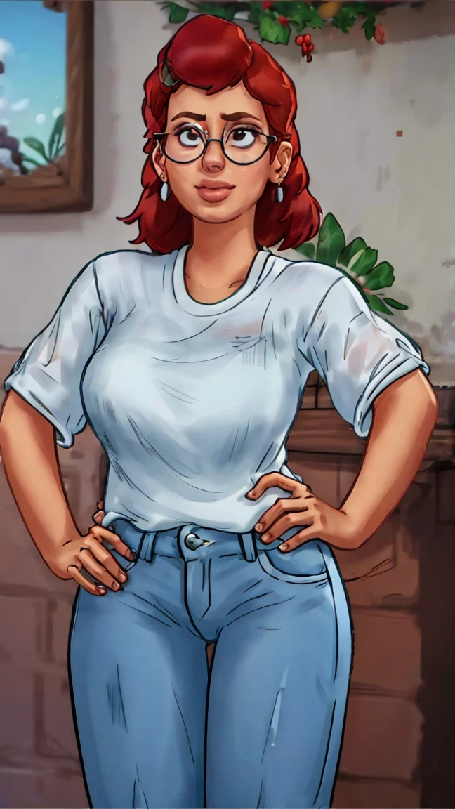 (melhor qualidade:1.4),(pele brilhante), foco corporal, (rosto fofo), (((melhor qualidade))), illustration, ((lindo Finger)), , lindo body, Design de personagem Lindo, ,lighting perfeita, Colorida, brilhante_frente_face_lighting, ultra high resolution, high resolution, absurdos:1.2, Bokeh:1.2, Reflexo de lente, (vibrante_Cor:1.2), (lindo, seios grandes:1.4), Meilin Lee quando adulta, 30 anos de idade, Jeans apertado,
Cabelo laranja-avermelhado, grampo de cabelo vermelho, circular glasses, (olhos castanhos:1.2), White Sweater, sorriso (gordinho:1), jeans, de pequena estatura, dentro de casa, Palmeiras, hand on hip,
