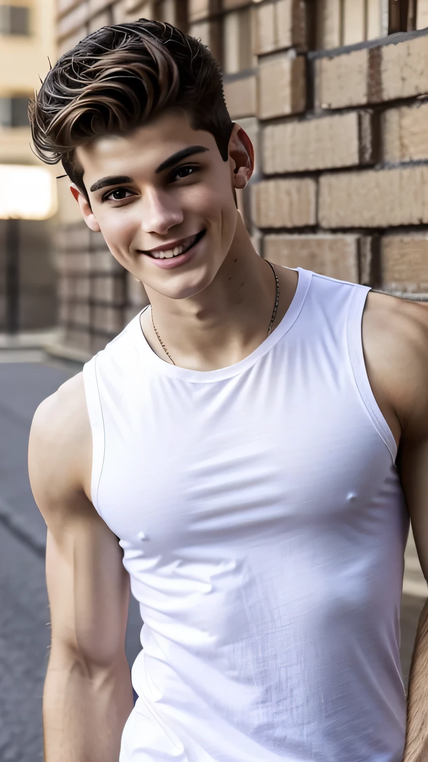 the most beautiful boy, 17 year old boy, he wears a tank top, white tank top, slim body, defined body, harmonious body, symmetrical body, attractive man, handsome man, looking at the camera, evil smile, light brown hair, he is a moodel top, greek model, pose, film grain, ultra-detailed, portrait