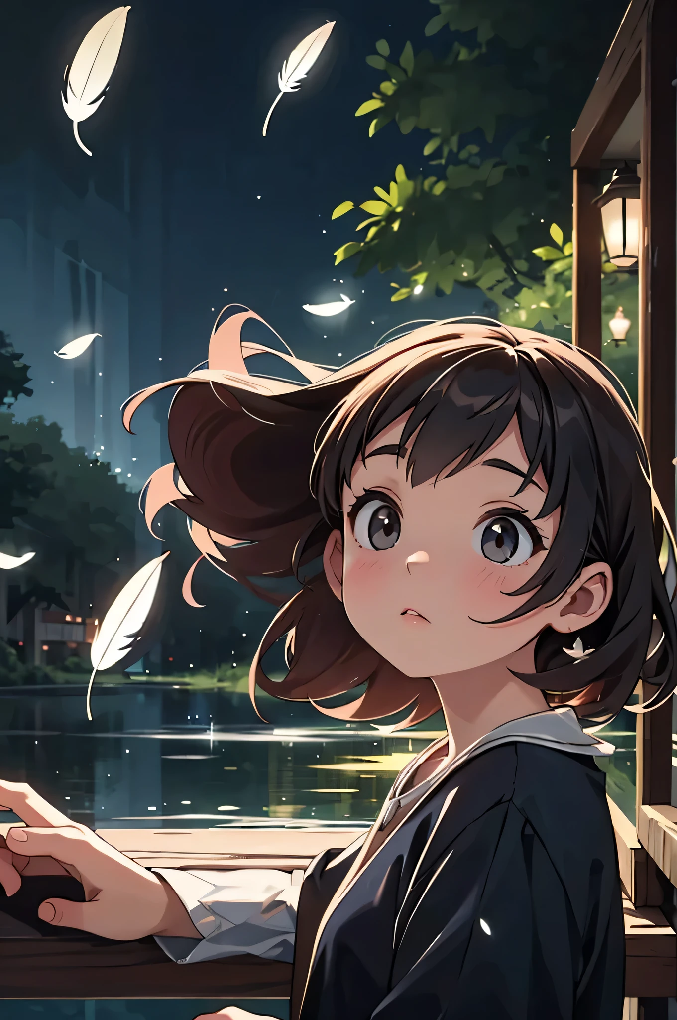 Absurd, High resolution,, (One girl, alone), Big eyes,, Townscape,, (water effects, Light effects, fluttering feathers:1.2),