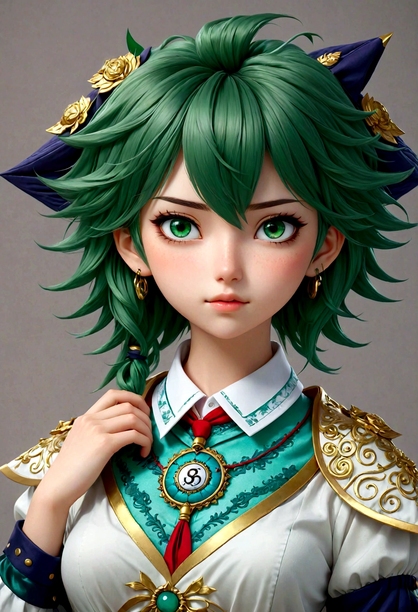 a beautiful anime girl with green hair, wearing a white shirt with a collar, detailed and realistic, highly detailed face and eyes, intricate details, photorealistic, 8k, masterpiece, vivid colors, dramatic lighting, cinematic composition, fantasy, elegant, graceful, peaceful expression