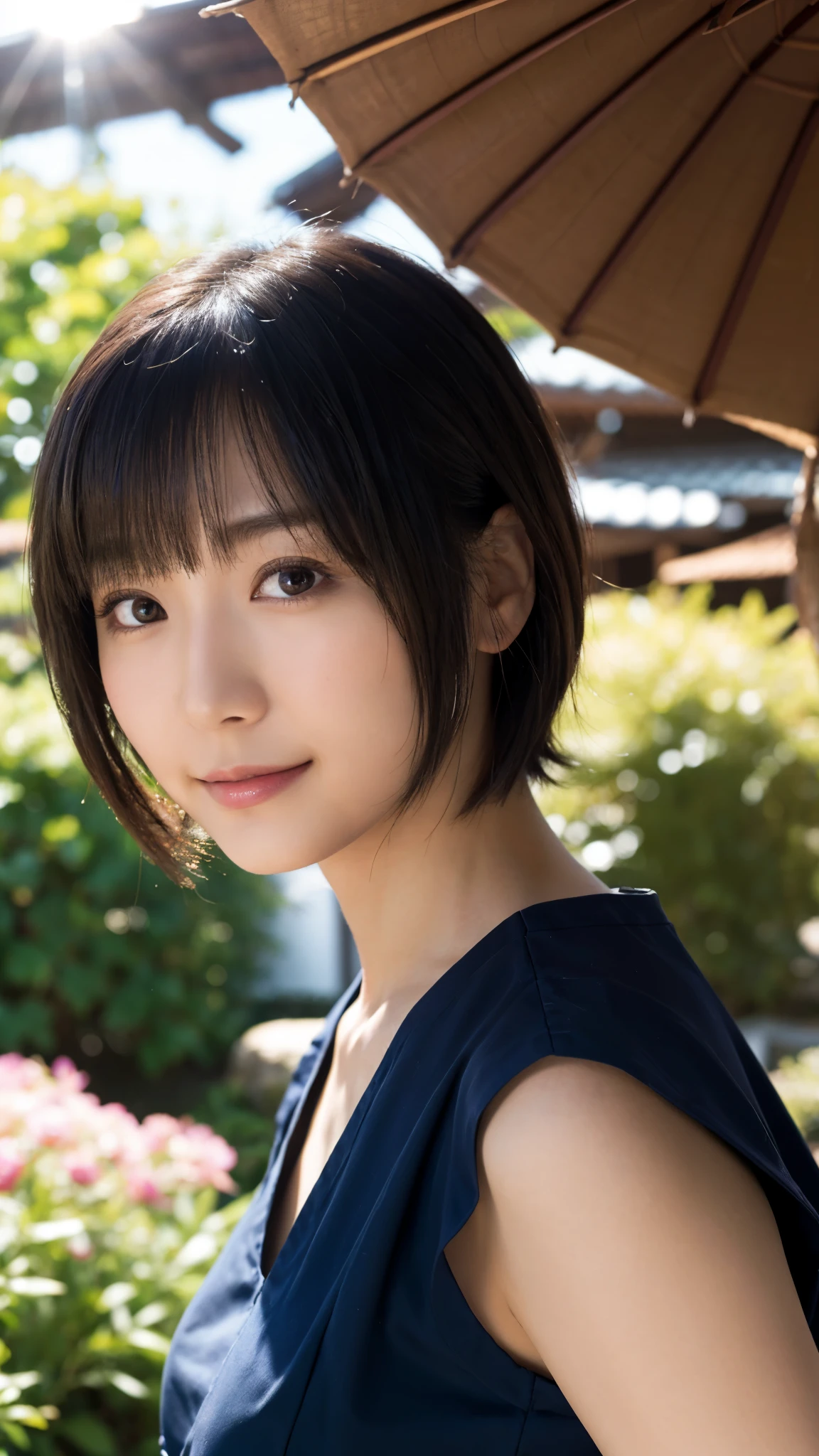 (highest quality,masterpiece:1.3,Ultra-high resolution),(Super detailed,Caustics,8k), (Photorealistic:1.4, RAW shooting),Backlight,sunshine,blue sky,Japanese garden,Japanese,20-year-old,smile,Natural brown short hair,(Short-sleeved tops),(Bust up shot),Natural light,Lens flare,(Low position),(Low - Angle),Face Focus,Face close up
