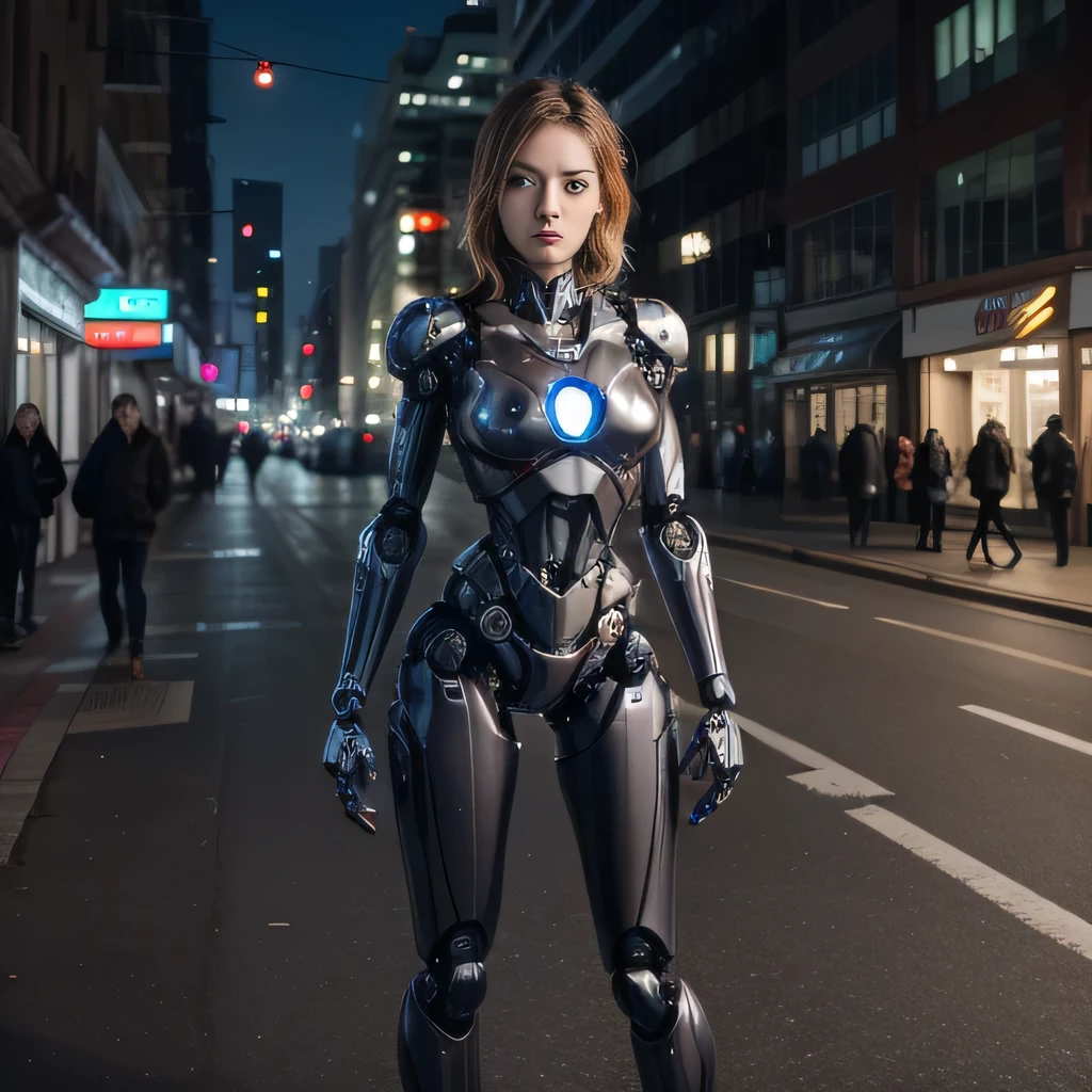 raw photo , 8K, ultra detailed, (realistic:1.2), (robot:1.4), thigh, standing, upper body,(cityscape:1.2), (illuminate)