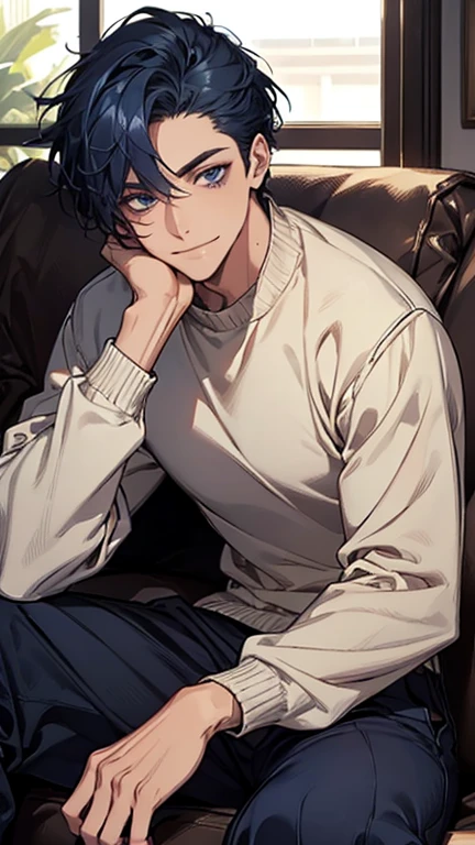 (highest quality,High resolution,masterpiece:1.2),Abstract,Masculine,Navy Blue Hair,Dark blue eyes,sweater,cargo pants,Dark blue gaze,Calm,quiet,A kind smile,Sitting on the couch,Mug,talk