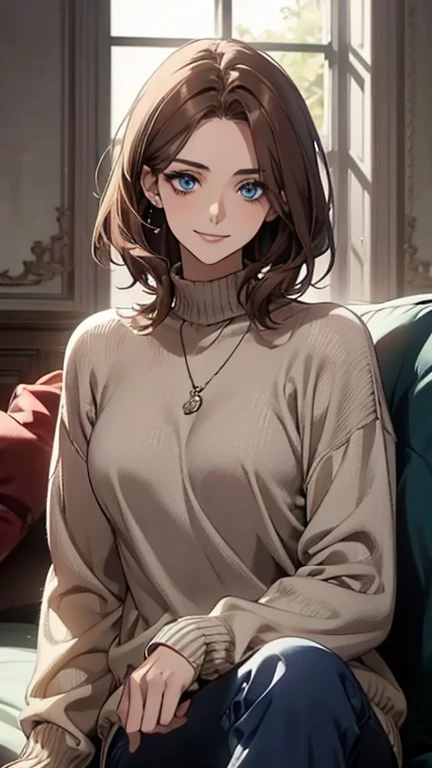 (highest quality,High resolution,Very detailed),1 girl, Beautiful and elegant light blue eyes, Brown Hair, Cold Smile,Medium Hair,pants,Wearing a blue high-necked sweater, Mature Woman, 27 years old,Cruel smile, Calm and Calm,Slim figure, Pale complexion, thin, Calm, Sitting on the couch,talk,Mug,Blue sweater