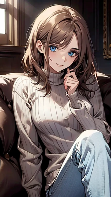 (highest quality,High resolution,Very detailed),1 girl, Beautiful and elegant light blue eyes, Brown Hair, Cold Smile,Medium Hair,pants,Wearing a blue high-necked sweater, Mature Woman, 27 years old,Cruel smile, Calm and Calm,Slim figure, Pale complexion, thin, Calm, Sitting on the couch,talk,Mug,Blue sweater