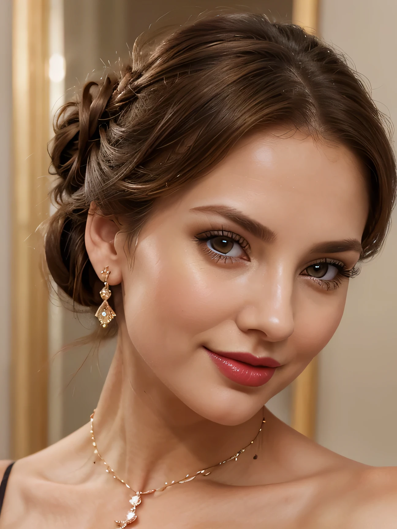 Beautiful mature Caucasian girl, detailed finger, beautiful hand, hyper realistic, 1 girl, half body portrait, brunette color hair,neatly tied updo hair, Super detailed face, Detailed lips, Detailed eyes, Single Eyelids, Pornographic exposure,diamond earrings, chocker, bracelet, Red lips,naughty smile, revealing cleavage extravagant jewellery