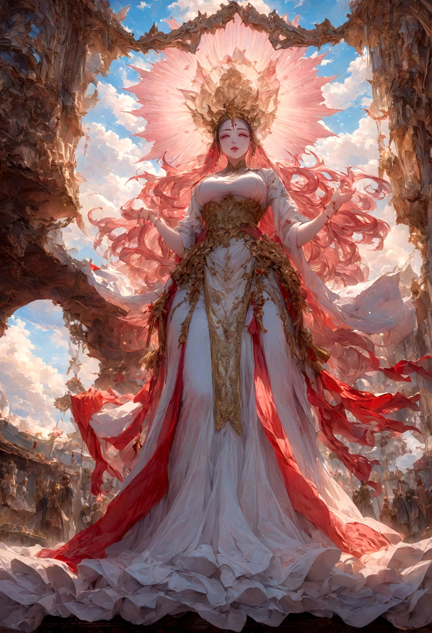 ((Tabletop)),(最high quality)),Chinese style,In the sky, The clouds form a giant transparent and shining white jade Maitreya Buddha statue,Thick Clouds,And the sun was shining bright,Pilgrims' Path,Surreal,Ultra-photorealism,pink,8k,High resolution,high quality,Masterpieces,Ultra-fine,(((OC Renderer)))