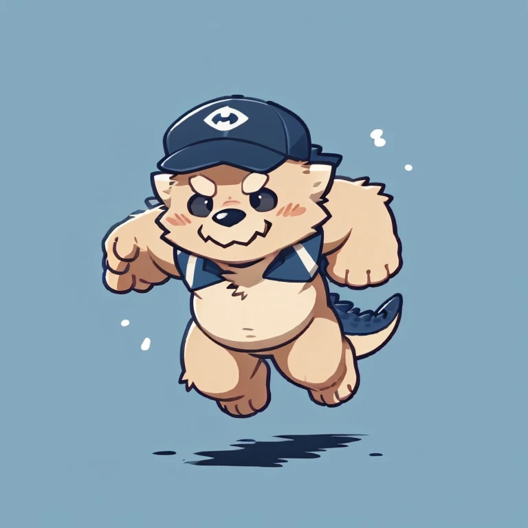 solo, dragon face,Cute face,Humanity(dragon), (cap, running) ,(Sideways, sidled), Chubby,(white eyebrows:1.1),(perfect black eyes),Simple background, Blue Background,print style。（Artist:Takemoto Arashi
