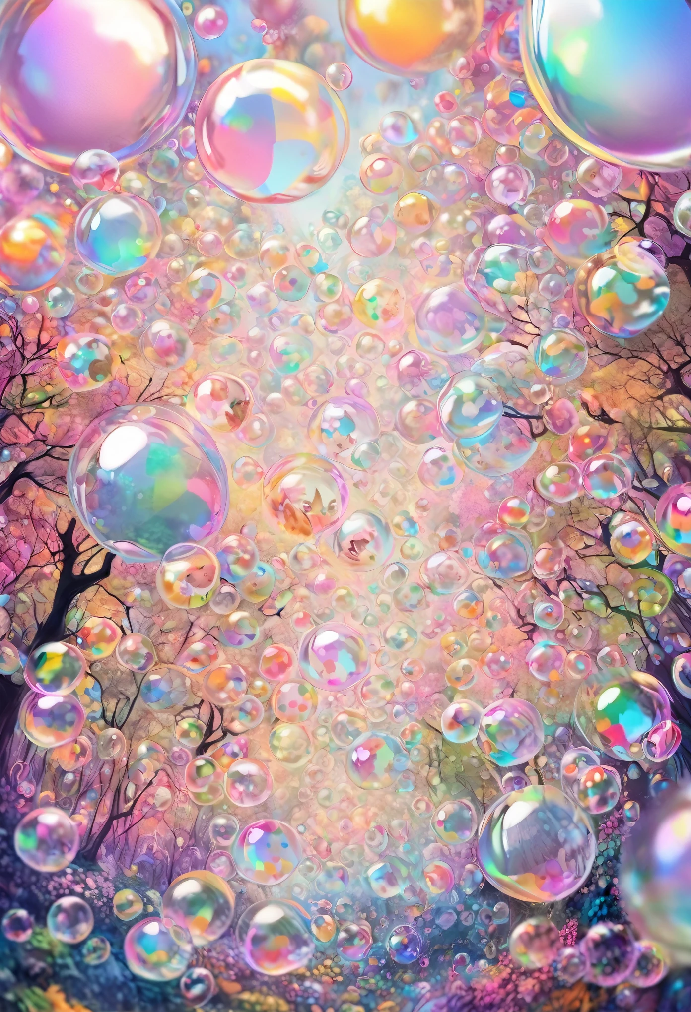best quality, super fine, 16k, extremely detailed, delicate and dynamic, adorable fantasy story, huge group of forest cute fairies, fluffy and round like furballs, with ears and eyes, overflowing with their bodies, hopping through the forest, transparent and translucent iridescent bubble, sparkling frame made of pastel polka dots, cute effects, iridescent, pop art