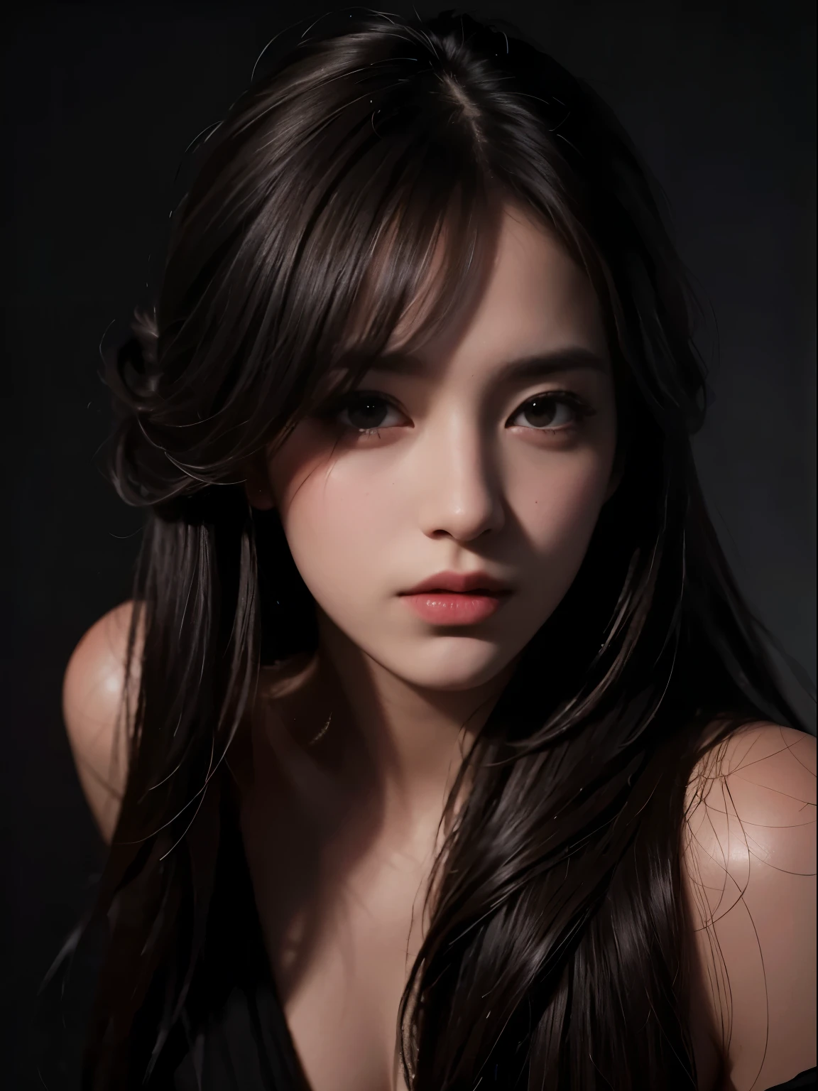 best quality, masterpiece, ultra high resolution, (realistic:1.4), RAW photos, 1 woman, Off shoulder, in the dark, deep shadows, low key, cold light