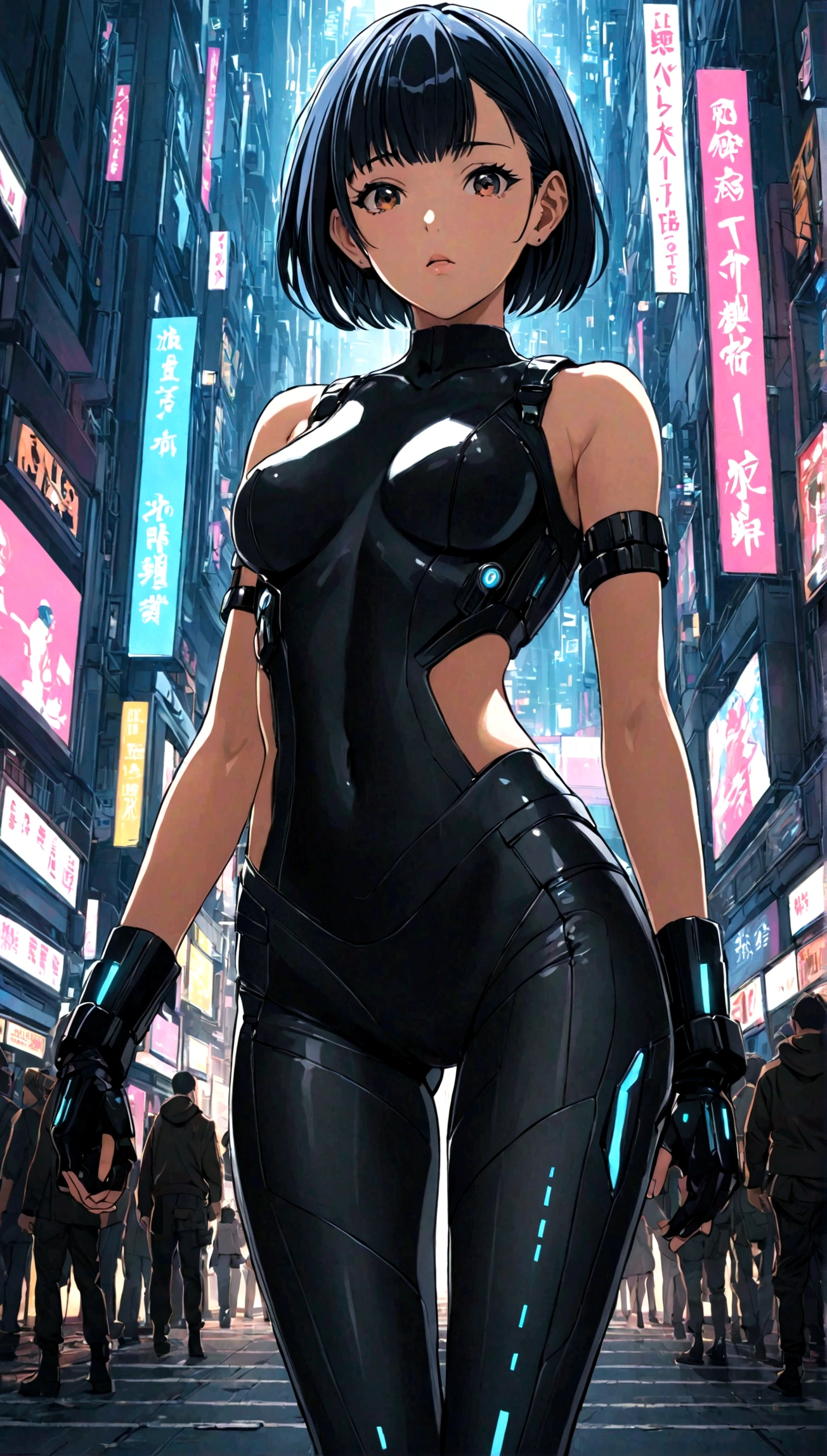 masterpiece, best quality, Japanese Manga, 《The City of the Killing》, Megumi Kishimoto, Solitary, short hair, medium breast, black combat tights, looking at the audience, Thigh gap, Cyberpunk