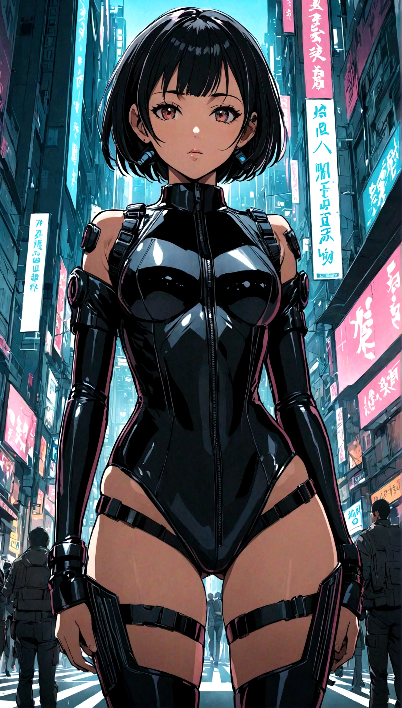 masterpiece, best quality, Japanese Manga, 《The City of the Killing》, Megumi Kishimoto, Solitary, short hair, medium breast, black combat tights, looking at the audience, Thigh gap, Cyberpunk