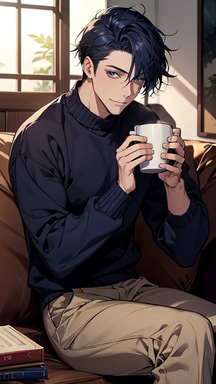 (highest quality,High resolution,masterpiece:1.2),Abstract,Masculine,Navy Blue Hair,Age 28,Dark blue eyes,sweater,cargo pants,Dark blue gaze,Calm,quiet,A kind smile,Sitting on the couch,Mug,Talking