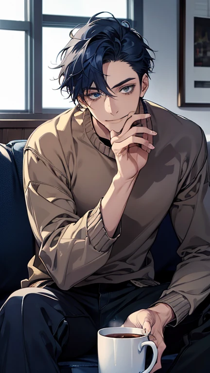 (highest quality,High resolution,masterpiece:1.2),Abstract,Masculine,Navy Blue Hair,Age 28,Dark blue eyes,sweater,cargo pants,Dark blue gaze,Calm,quiet,A kind smile,Sitting on the couch,Mug,Talking