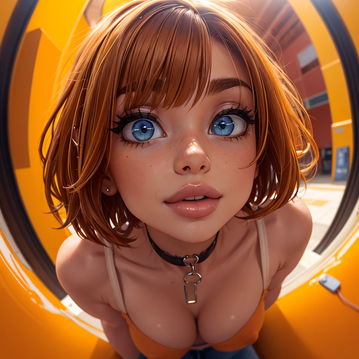 SFW, 1girl, big clear eyes, eye contact, (small breasts:1.2), red choker, wide view, parted lips, pulpy lips, bright orange hair, showing off the skirt, short messy hair, bangs, highly detailed, soft tones, extreme detail, no background, (detailed textures:1.1), dramatic light, happy smile, high Depth Of Field, slight fisheye lens