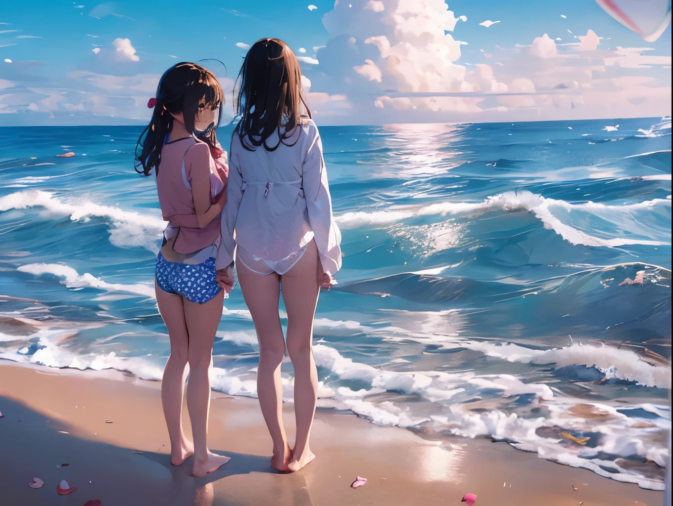 Four girls in plain white boyfriend shirts and cute underwear、barefoot、Light blue underwear with ribbon、Light yellow cute underwear、Cherry blossom and white polka dot underwear、Standing posture、Sandy beach, beautiful sea and blue sky