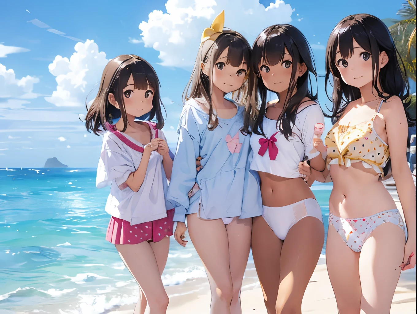 Four girls in plain white boyfriend shirts and cute underwear、barefoot、Light blue underwear with ribbon、Light yellow cute underwear、Cherry blossom and white polka dot underwear、Standing posture、Sandy beach, beautiful sea and blue sky