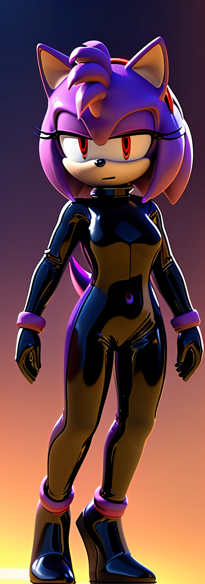 Solo, 1girl, full body image, rendered in SFM, ((sonic oc:1)), from sonic, high detail iconic character, in the new action-movie sonic, knothole forest, official render, 3d render official art, toon shader, ((female)), (((purple hedgehog))), ((shiny)) (medium purple fur:1.7), (((Amy rose style quills with gradient indigo tips1.6))), (((metallic purple eyeliner))) ((deep red eyes:1.5)), ((calm neutral expression)), ray trace 4 k, ray trace 4k, (((glossy black latex bodysuit:1.5)))
