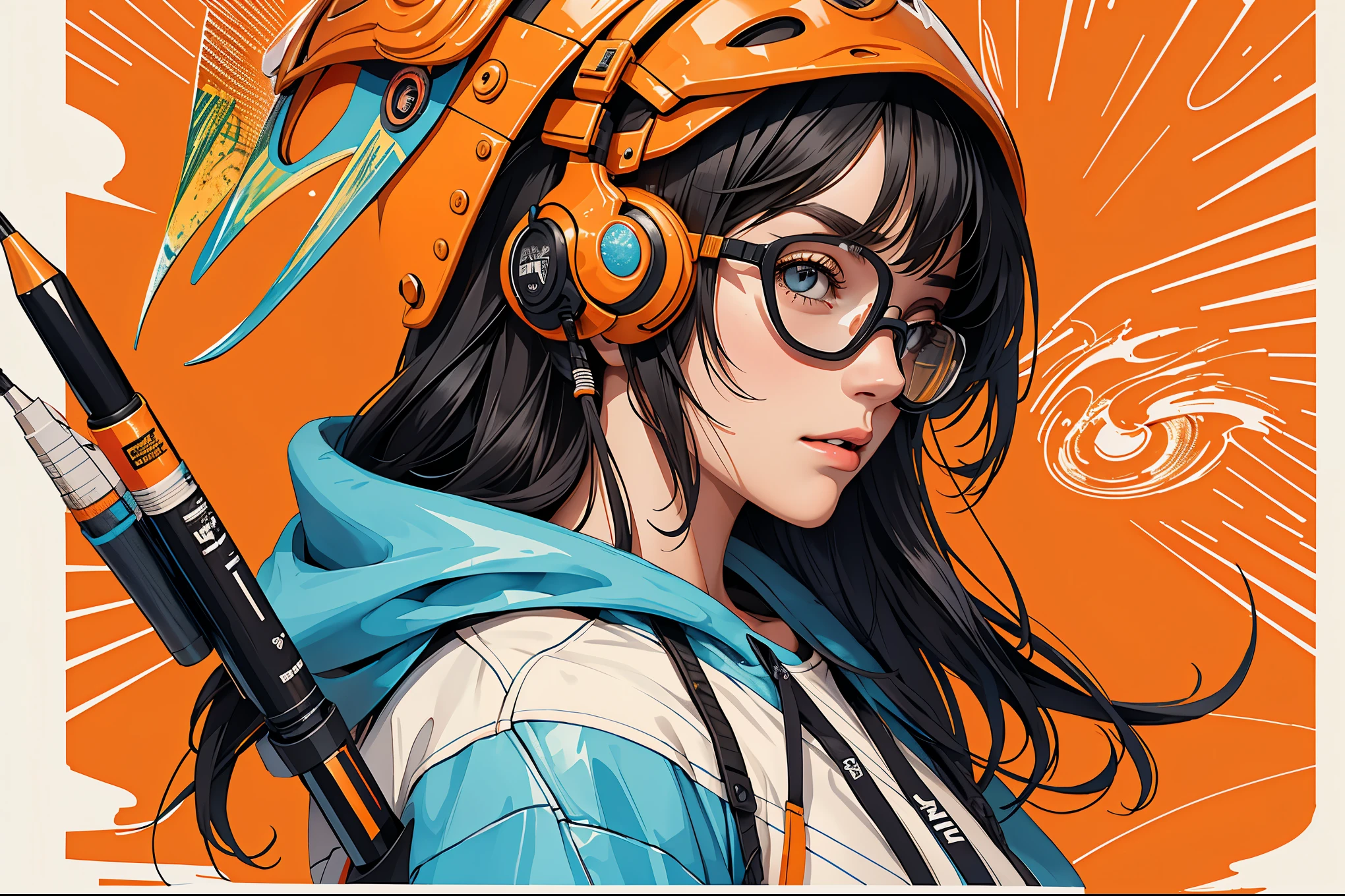 A striking and contemporary watercolor illustration of a young, trendy woman, exuding confidence and style. She dons a college-themed hoodie, oversized goggles, and large headphones, with futuristic elements seamlessly integrated into her attire. The artistic influence of Moebius, glitch art, and ukiyo-e is evident in the bold lines, intricate pen and ink work, and dynamic composition. Inspired by sports posters, doodle art, and conceptual art, the illustration features predominantly orange hues and strategic color changes, resulting in a visually captivating piece that is both imaginative and visually striking.