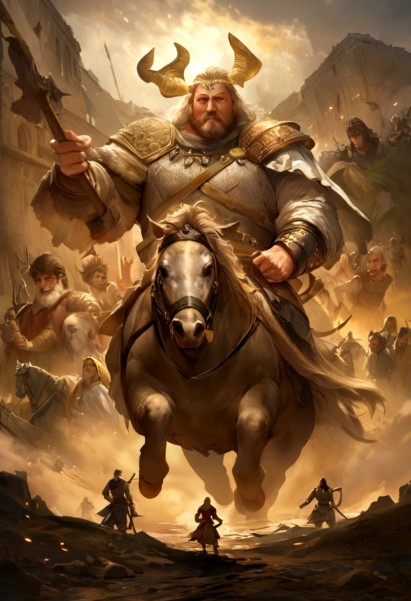 General Kraus, homme dans une tenue marron avec une épée, very detailed character, guerrier viking, roi viking épique, ancient norse epic hero, cheveux longs et musclés avec tatouage Philippine God of War, on horseback, style de séance photo, (fond d&#39;Extremely detailed 8k CG display), body photo of the most beautiful work of art in the world, medieval armor, portrait du corps, Nimrod, premier roi de Babylone, chasseur, barbare, macho Man, Majestic painting at the&#39;huile professionnelle par Ed Blinkey, Atey Ghaïlan, Studio Ghibli, par Jeremy Mann, Greg Manches, Antonio Moro, tendance chez ArtStation, tendance chez CGSociety, Complexe, high detail, Sharpness, art de peinture dramatique et photoréaliste de Midjourney et Greg Rutkowski