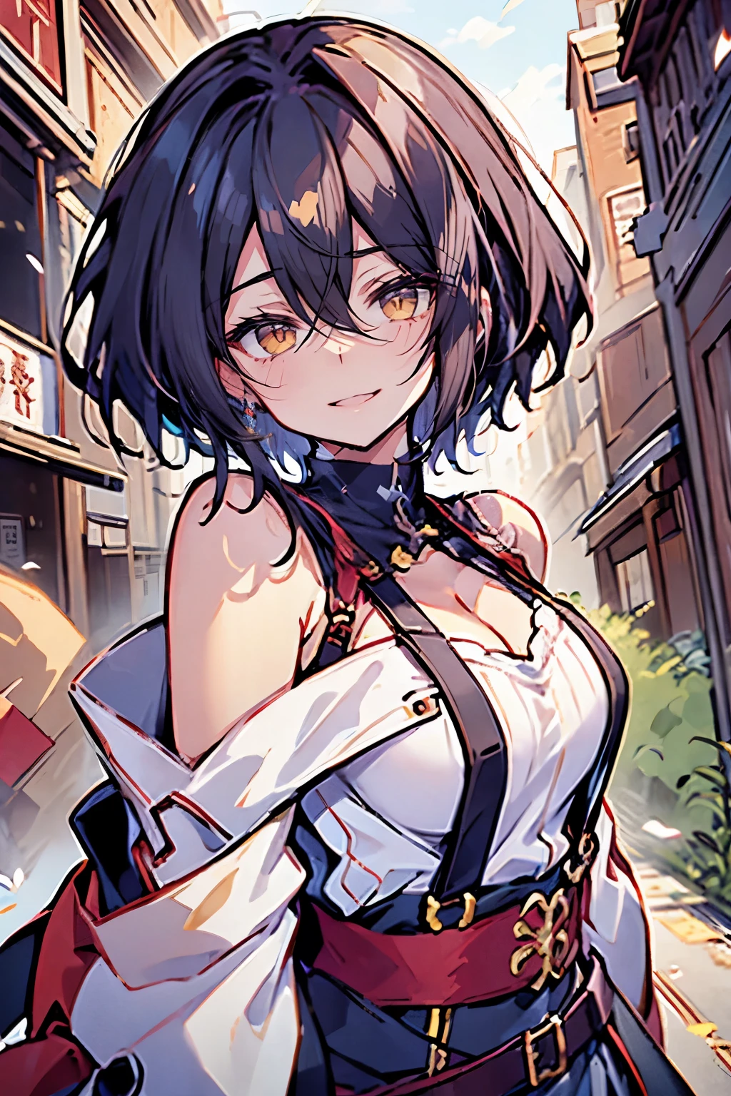 hui xiyi, rekkyo sensen, rekkyou sensen, 1 girls, black hair, tits cleavage, waving, breasts close up, suspenders, dress,1girl, bare shoulders, belt, frills shirt, white knit sweater, exposed breasts, medium hair, long hair, nun