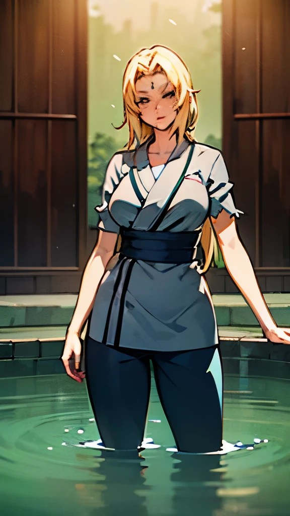 anatomically correct, best quality, masterpiece, high quality, high details, highres, HD, blonde hair, bindi dot, long hair, thigh, tick, torn, water drop, dusty, haori, pants, obi,  a woman is standing in the water, a character portrait, pixiv contest winner, anime portrait of a handsome girl, official fanart behance hd, wearing a grey robe, chinese painting style,