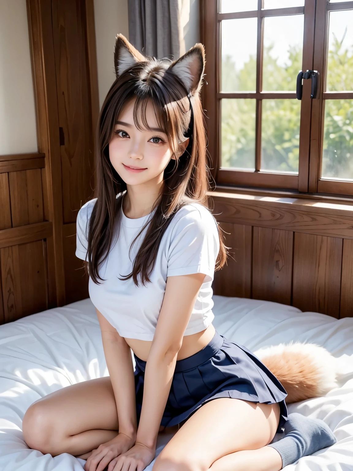 ((highest quality, 32k)), ((masterpiece)), (Familiar), Perfect Face, School Girl, pretty girl, On the bed, Has a tail, She has one red fox tail.., She stands up her fluffy tail, Beautiful hip line, Small breasts, She is wearing a cute uniform, A large tail sticks out, Climbing on all fours, Slender body, Shyly looking at his tail, Her tail pushes up her skirt to reveal her white panties, A red fox tail protrudes from the hem of her skirt.