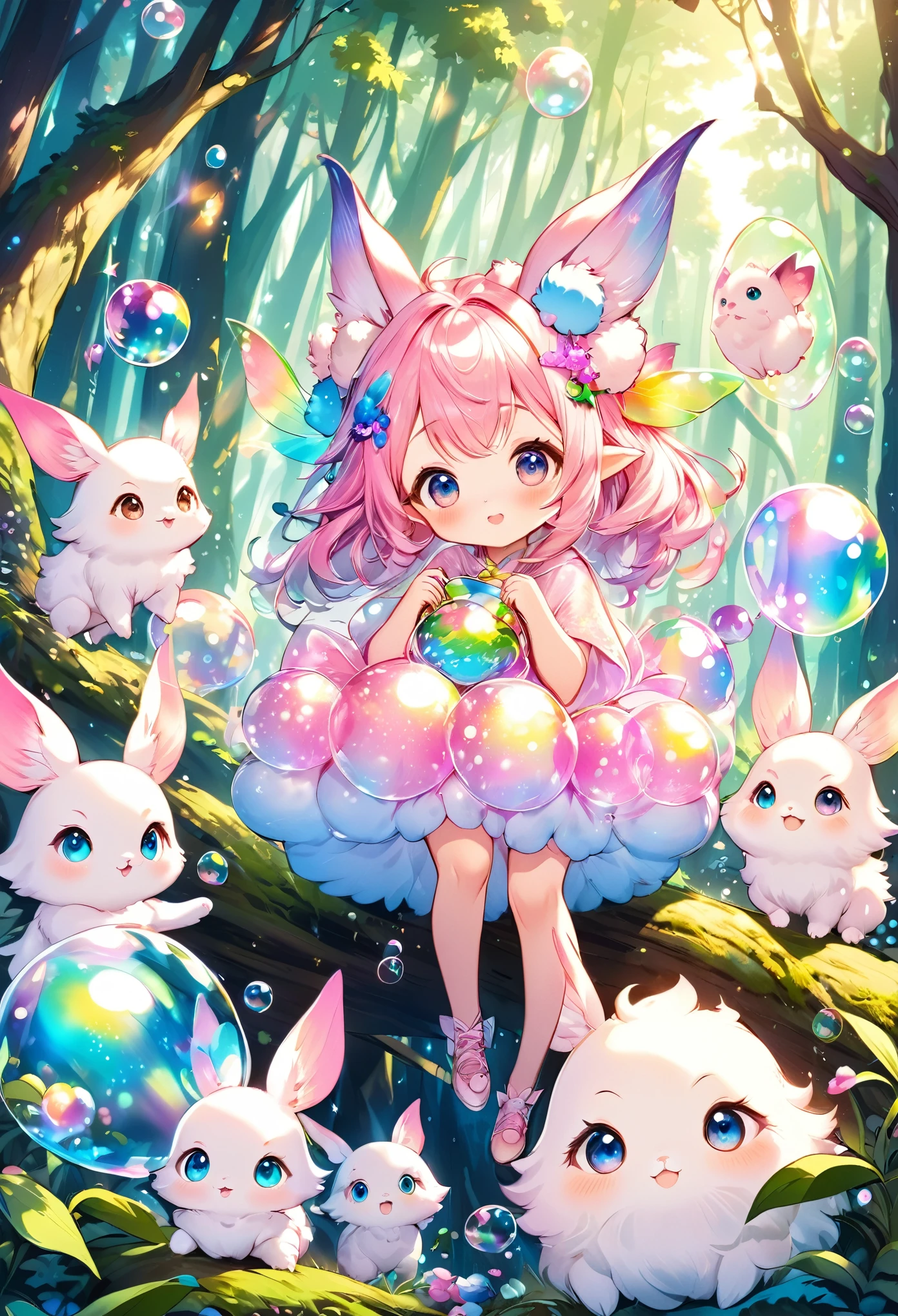 best quality, super fine, 16k, extremely detailed, 2.5D, delicate and dynamic, adorable fantasy story, huge group of forest cute fairies, fluffy and round like furballs, with ears and eyes, overflowing with their bodies, hopping through the forest, transparent and translucent iridescent bubble, sparkling frame made of pastel polka dots, cute effects, iridescent, pop art