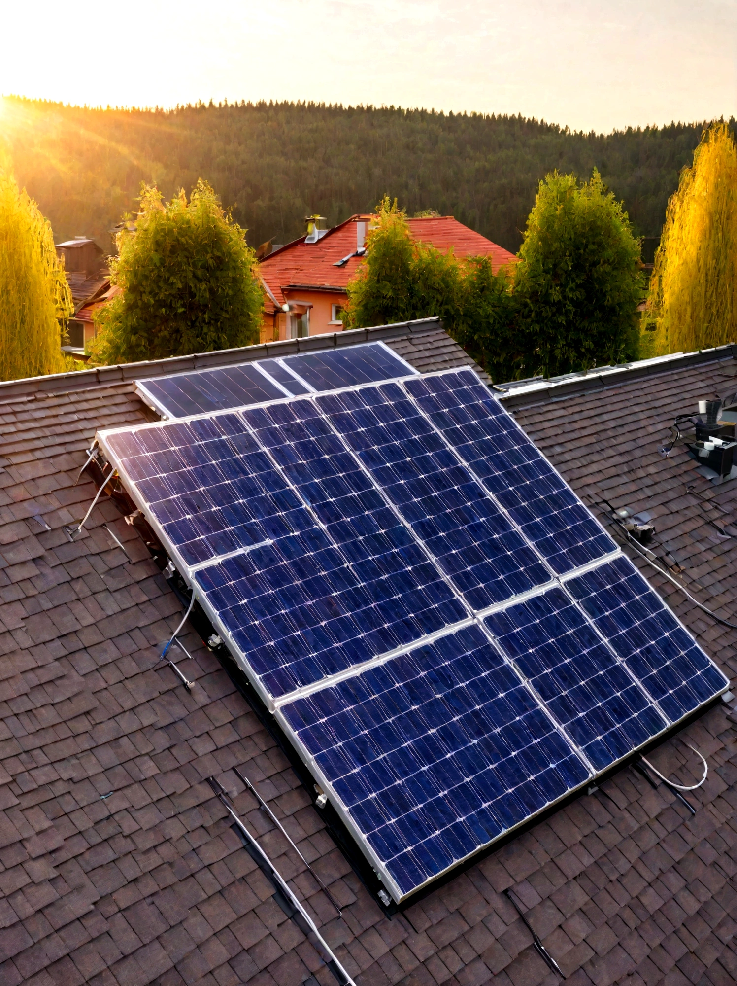 suburban house a photovoltaic system on the roof. modern eco friendly passive house with single solar panel system on the gable roof , with sunlight in the morning vibes