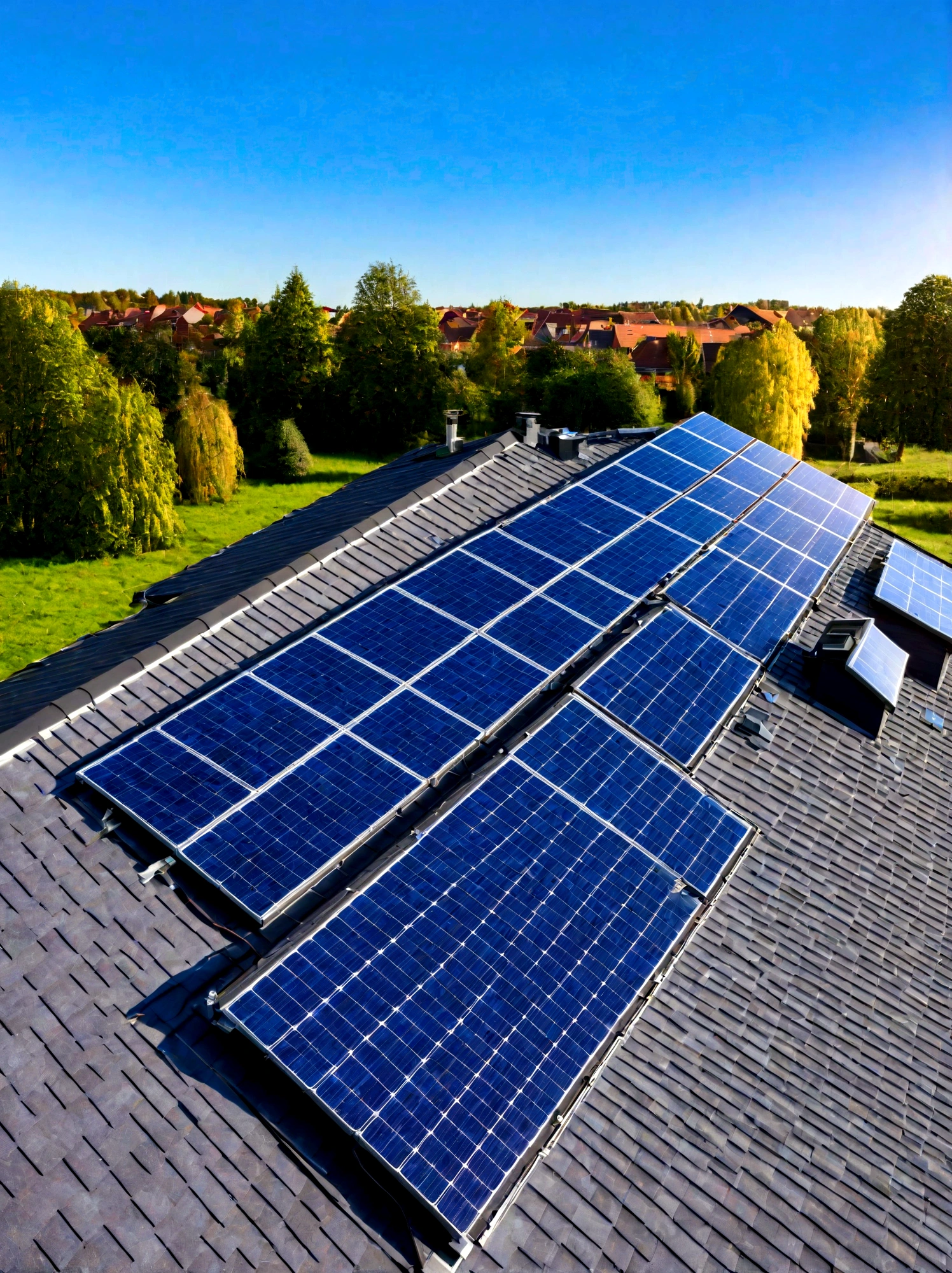 suburban house a photovoltaic system on the roof. modern eco friendly passive house with single solar panel system on the gable roof , with sunlight in the morning vibes