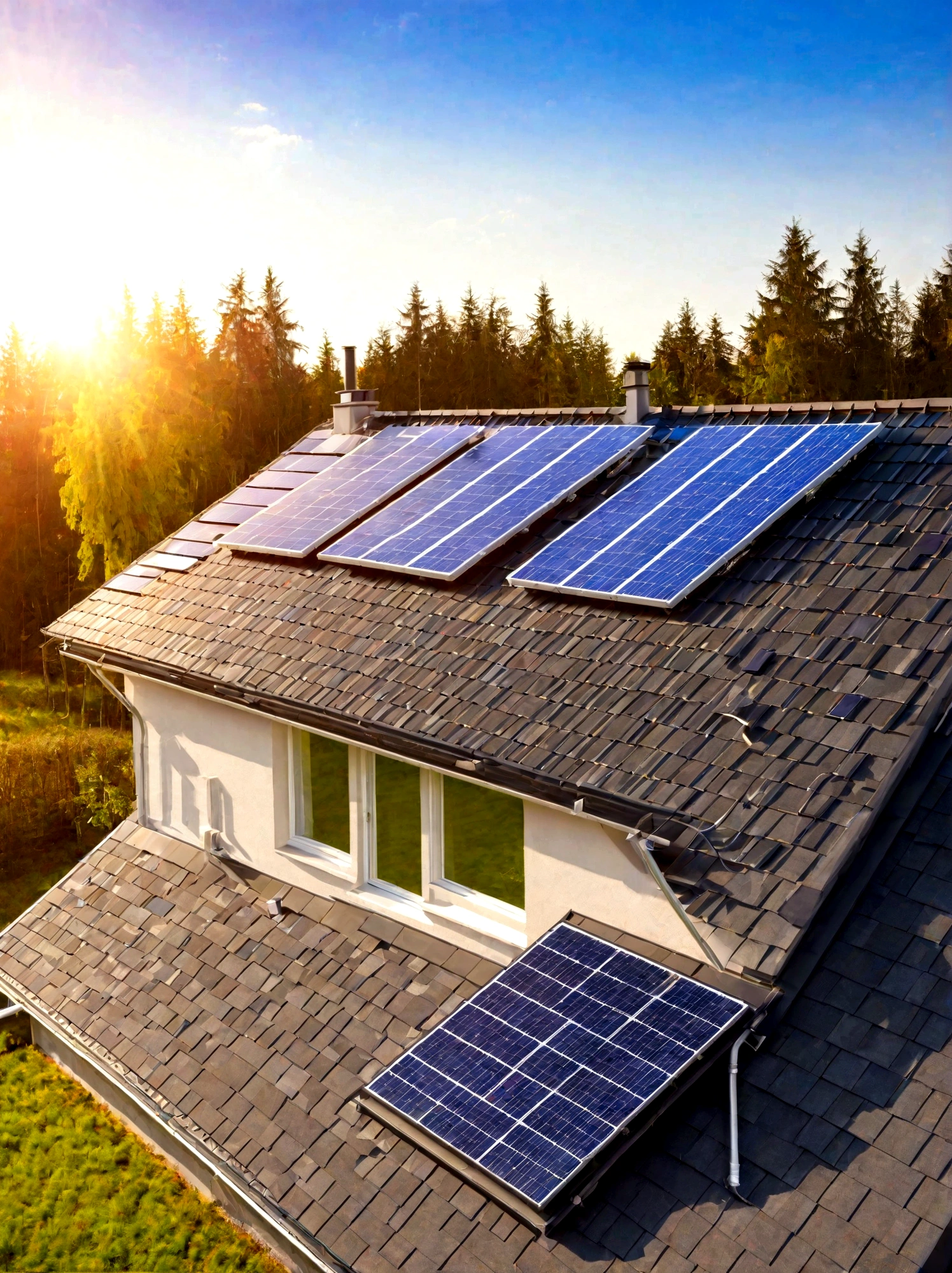 suburban house a photovoltaic system on the roof. modern eco friendly passive house with single solar panel system on the gable roof , with sunlight in the morning vibes