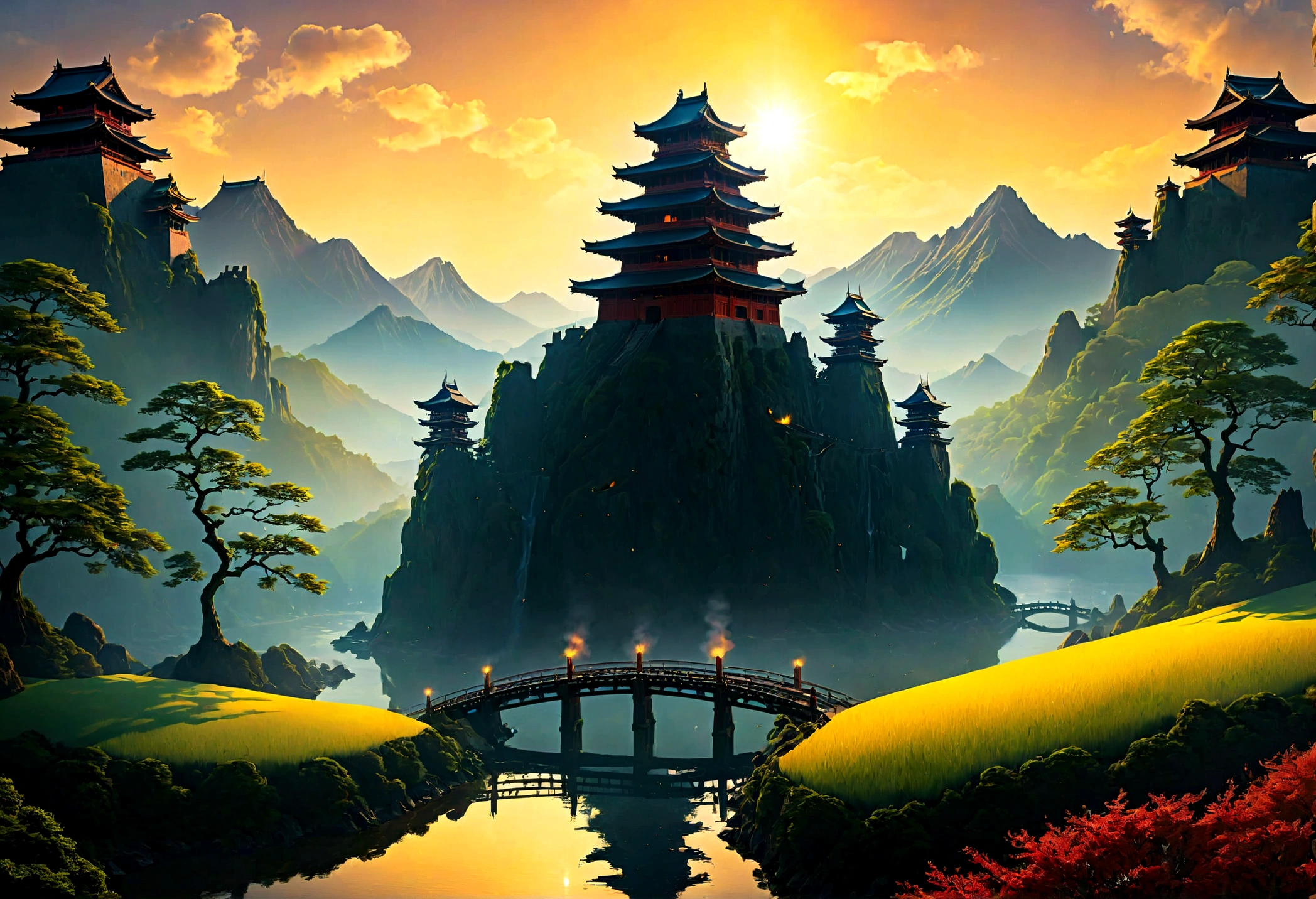 an award winning picture, National Geographic style, Arafed, magnificent artistic picture of a (Japanese medieval castle: 1.4) on a mountain range near a lake at dusk, fantasy art D&D art, castle, with towers, turrets, barbican, it is dusk time, the sun is going down, and there are stars in the skies, the last rays of sun, there is a ((bridge lit by torches: 1.4)) crossing to the other side, the castle is being reflected in the water, mist rising from the water, fantasy forest background, ultra best realistic, best details, 16k, [ultra detailed], masterpiece, best quality, (extremely detailed), photorealism, depth of field, hyper realistic painting, Cinematic Hollywood Film style, digital art