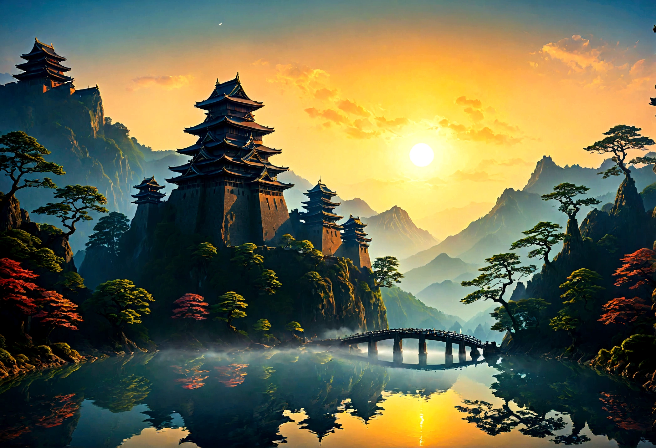 an award winning picture, National Geographic style, Arafed, magnificent artistic picture of a (Japanese medieval castle: 1.4) on a mountain range near a lake at dusk, fantasy art D&D art, castle, with towers, turrets, barbican, it is dusk time, the sun is going down, and there are stars in the skies, the last rays of sun, there is a ((bridge lit by torches: 1.4)) crossing to the other side, the castle is being reflected in the water, mist rising from the water, fantasy forest background, ultra best realistic, best details, 16k, [ultra detailed], masterpiece, best quality, (extremely detailed), photorealism, depth of field, hyper realistic painting, Cinematic Hollywood Film style, digital art