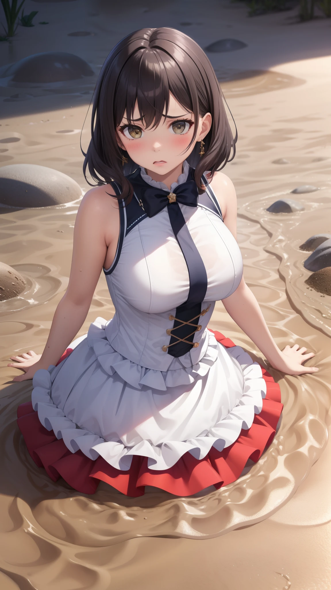 masterpiece, best quality, highly detailed, ultra high res, aichan, large breasts, 1girl, (upset), glossy lips, sleeveless idol dress, very puffy skirt, flared skirt, (quicksand:1.4),