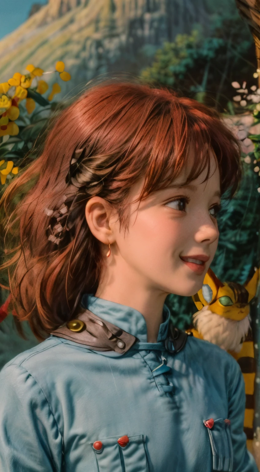 Ghibli style, masterpiece, high quality, One girl, (masterpiece:1.4), (最high quality:1.4), (High resolution:1.4), One girl, Redhead, Brown eyes, smile, Nausicaa, In the valley, colorful, Medium chest, Upper Body, Top View, SFW, profile, A small yellow creature on your shoulder, here, 