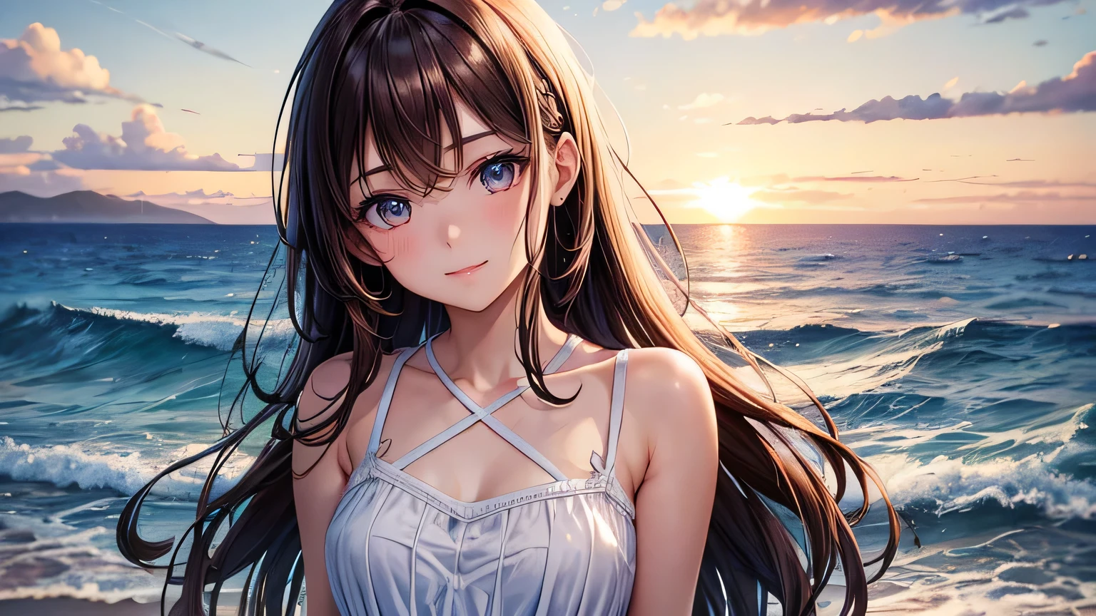 Beautiful woman 1.3, Beautiful brown hair: 1.2, , Ocean shore in the evening: 1.2,beach: 1.1, Ultra-high resolution, Accurate, Super detailed, Textured skin, High detail, highest quality, 8k,Thin bangs,Upper Body,Well-drawn eyes, Focus on the face,White cross strap tank top dress,Detailed hair depiction,Detailed depiction of eyes、Detailed depiction of hair、Sunset、Wave、Ocean、Upper Body、smile